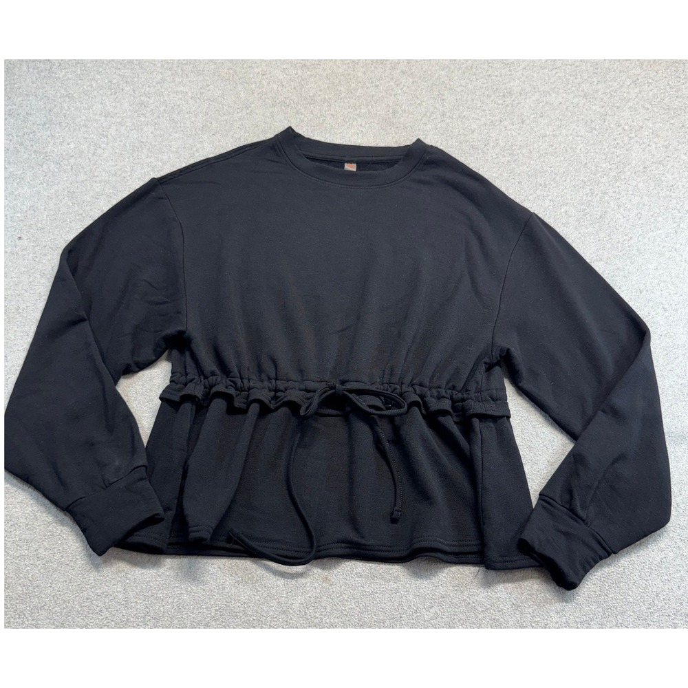 Mono B Womens S Black Crewneck Sweatshirt Drawstring Waist Ruffle Peplum Top